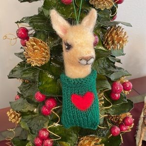 Hand crafted artisan needle felted llama in a knit sweater Christmas ornament